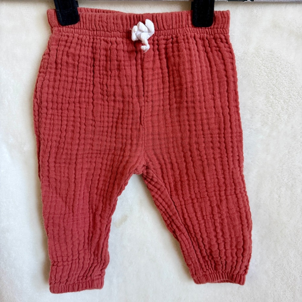 Charlotte & Star Rust Terracotta Muslin Gauze Waffle Baby Pants 3-6M Cotton